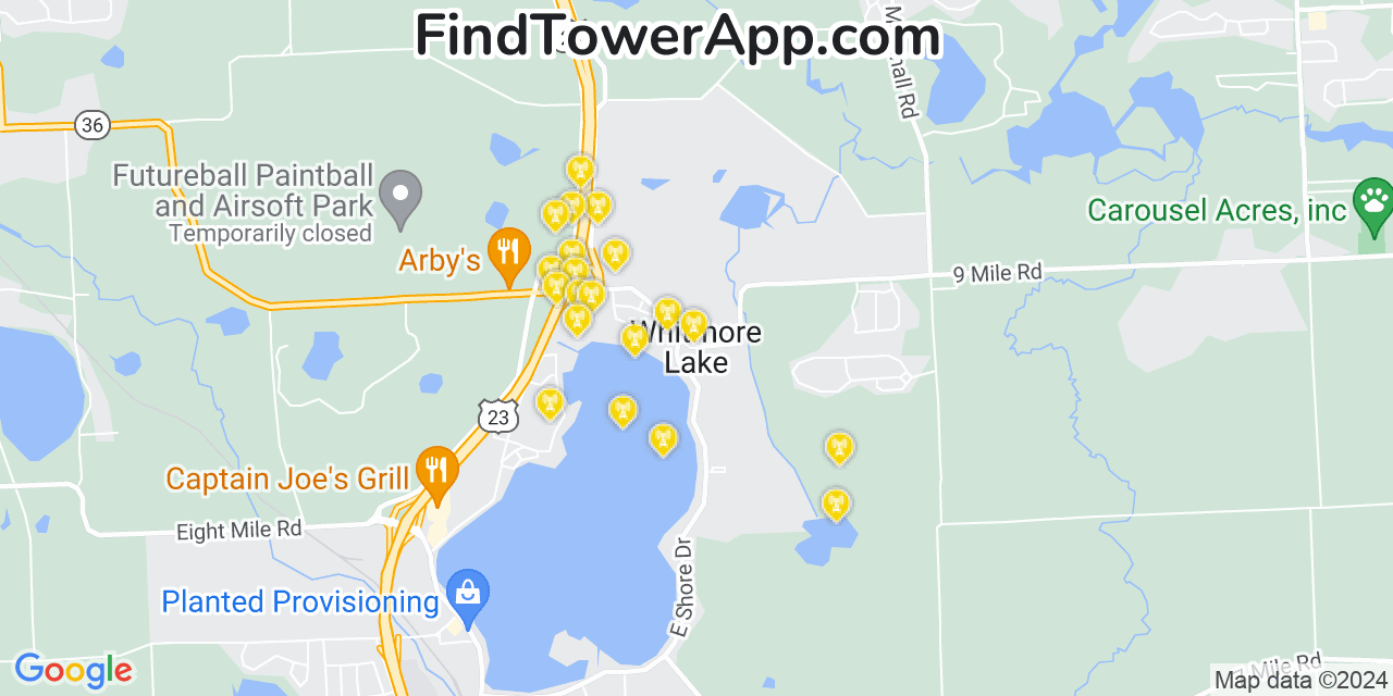 AT&T 4G/5G cell tower coverage map Whitmore Lake, Michigan