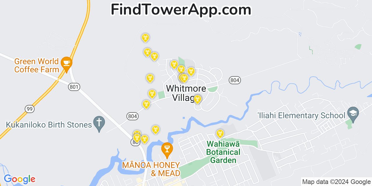 AT&T 4G/5G cell tower coverage map Whitmore Village, Hawaii