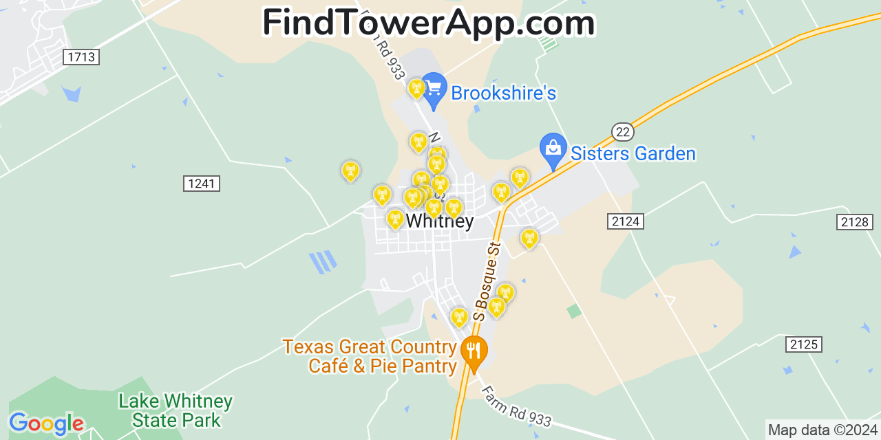 AT&T 4G/5G cell tower coverage map Whitney, Texas