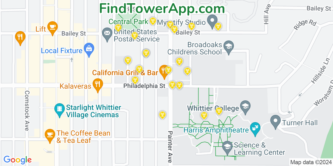 Verizon 4G/5G cell tower coverage map Whittier, California