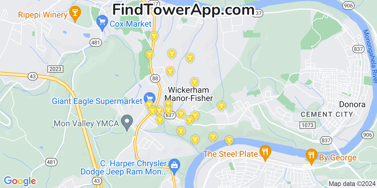 AT&T 4G/5G cell tower coverage map Wickerham Manor Fisher, Pennsylvania