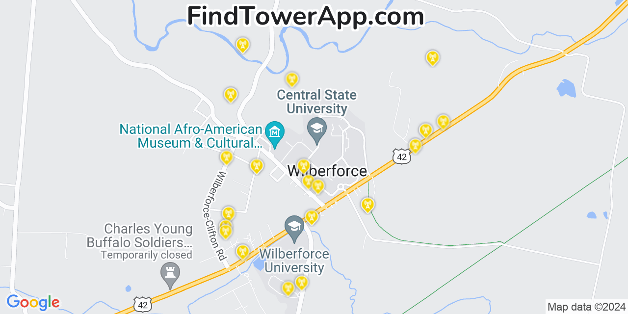 AT&T 4G/5G cell tower coverage map Wilberforce, Ohio