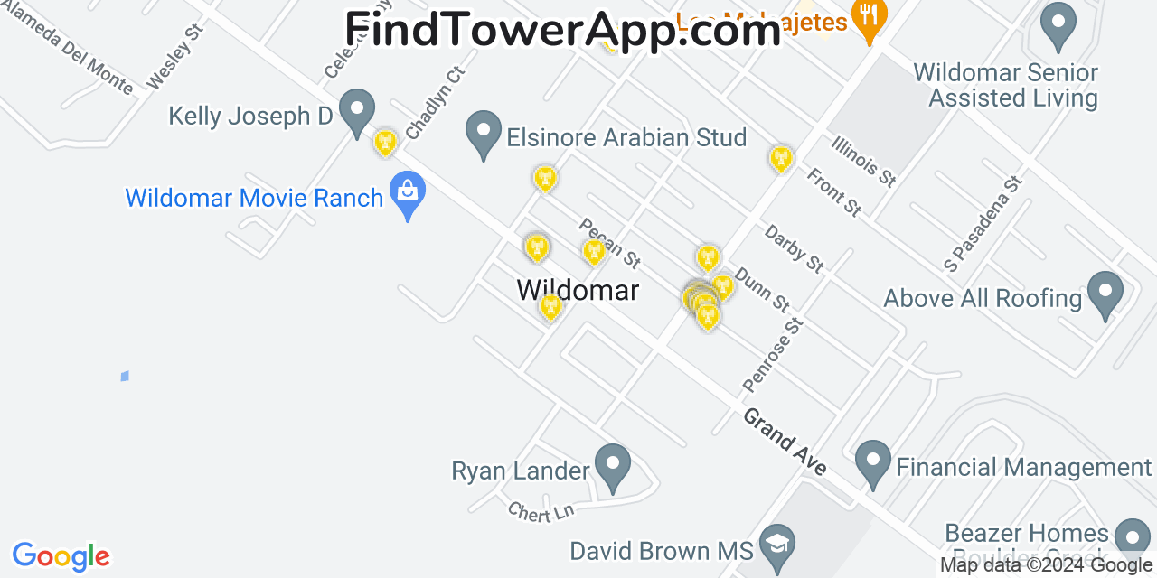 AT&T 4G/5G cell tower coverage map Wildomar, California
