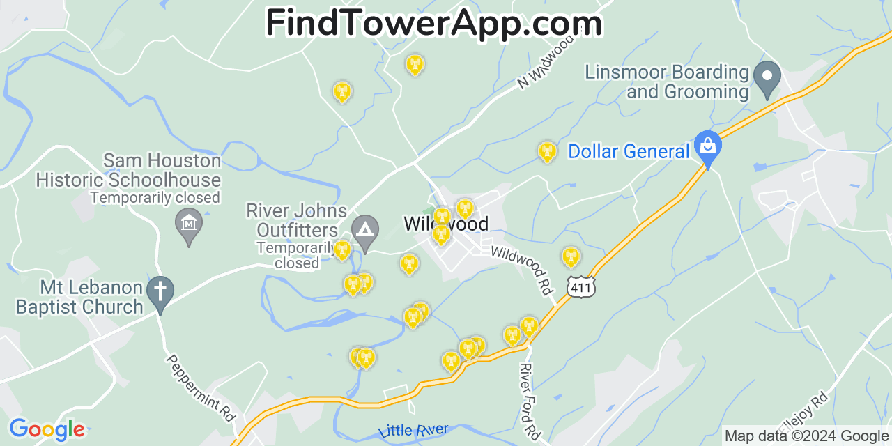AT&T 4G/5G cell tower coverage map Wildwood, Tennessee