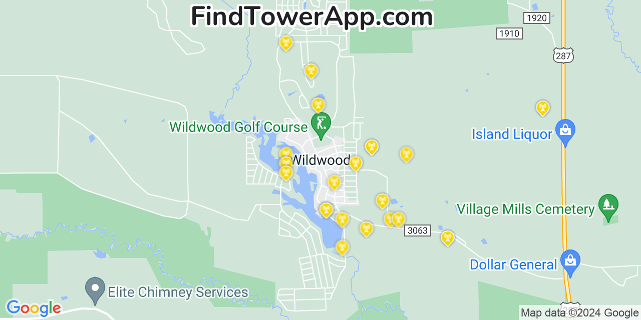AT&T 4G/5G cell tower coverage map Wildwood, Texas