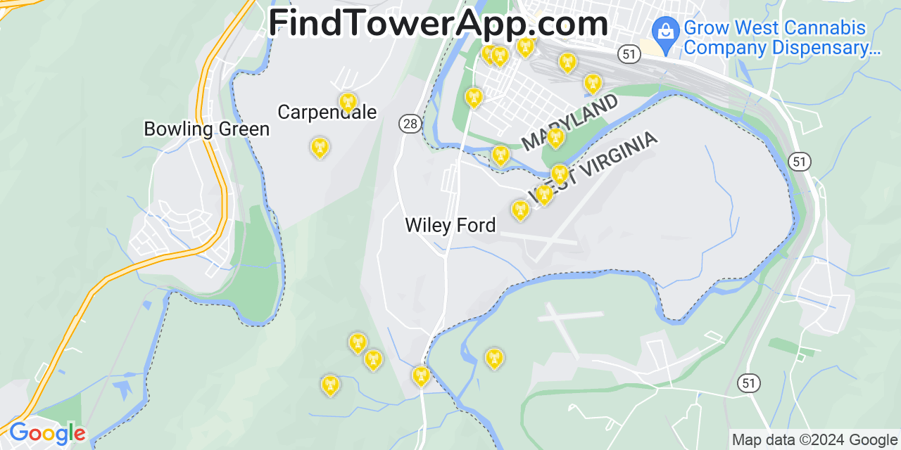 AT&T 4G/5G cell tower coverage map Wiley Ford, West Virginia