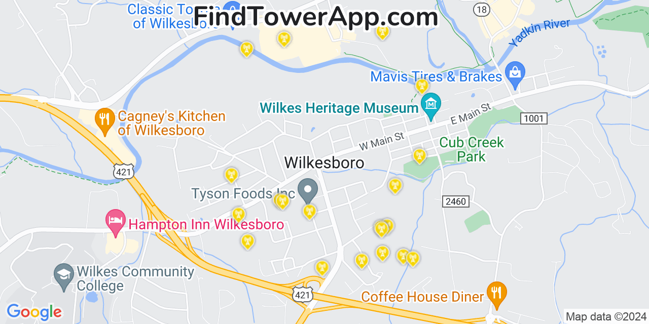 AT&T 4G/5G cell tower coverage map Wilkesboro, North Carolina