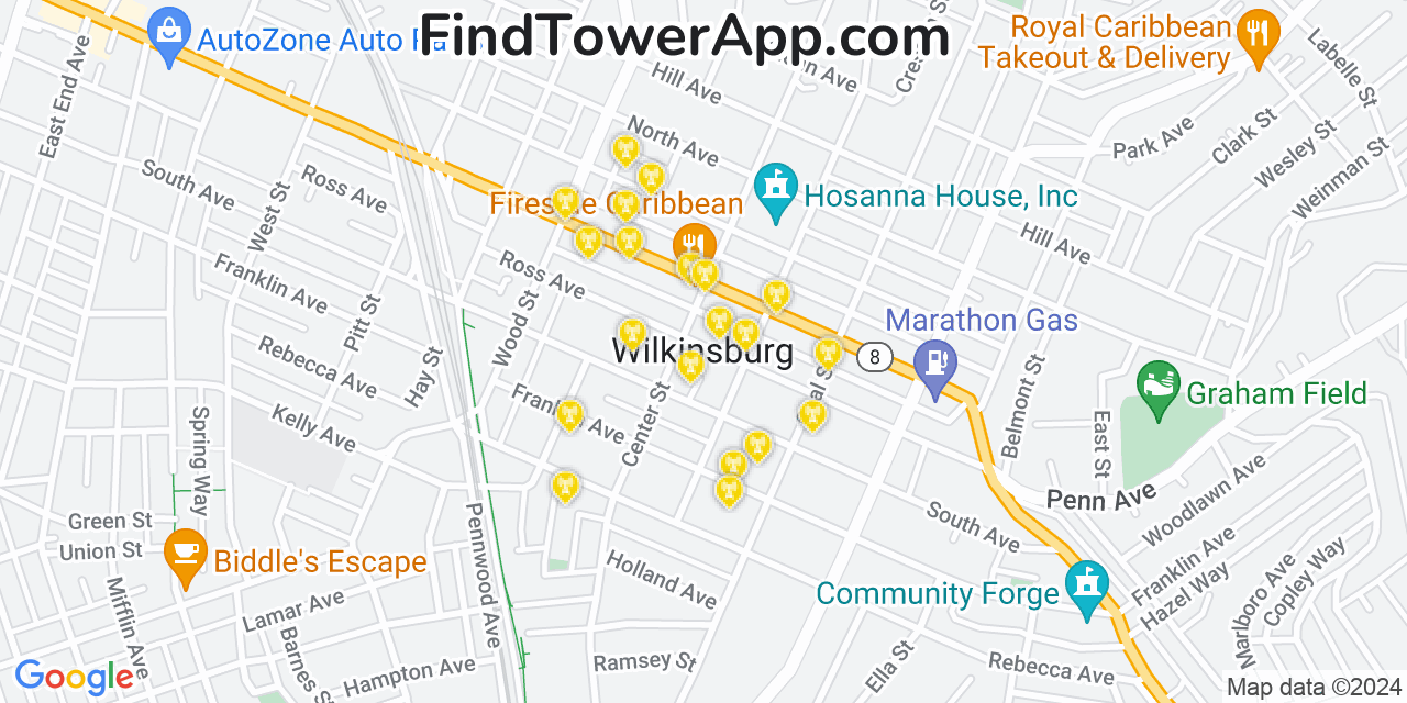 AT&T 4G/5G cell tower coverage map Wilkinsburg, Pennsylvania