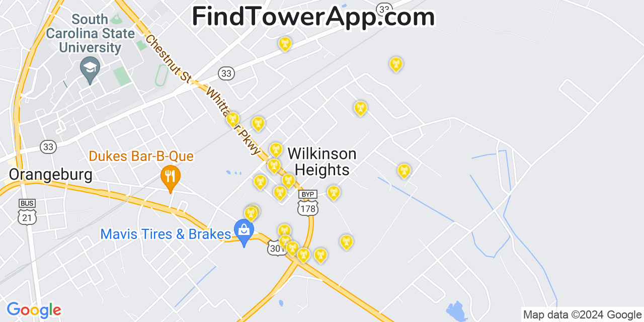 AT&T 4G/5G cell tower coverage map Wilkinson Heights, South Carolina