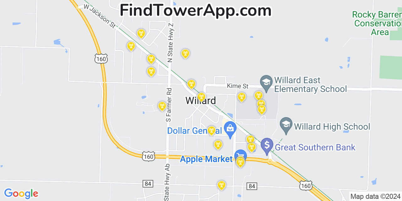 Verizon 4G/5G cell tower coverage map Willard, Missouri