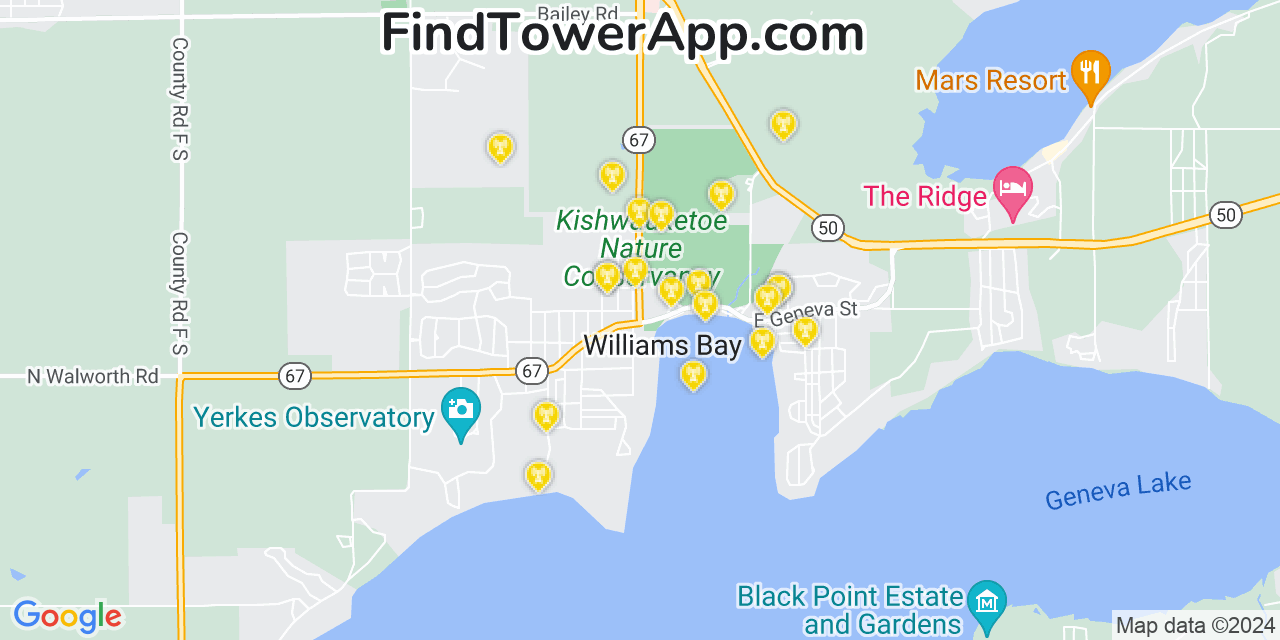 AT&T 4G/5G cell tower coverage map Williams Bay, Wisconsin