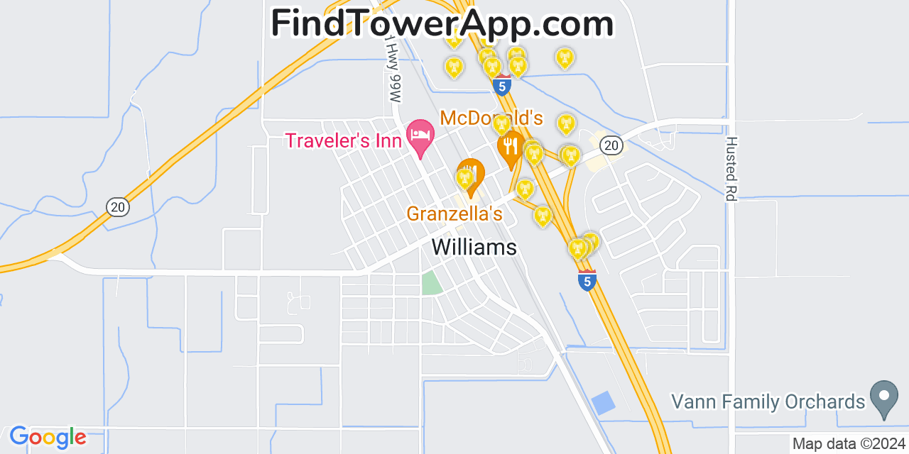 AT&T 4G/5G cell tower coverage map Williams, California