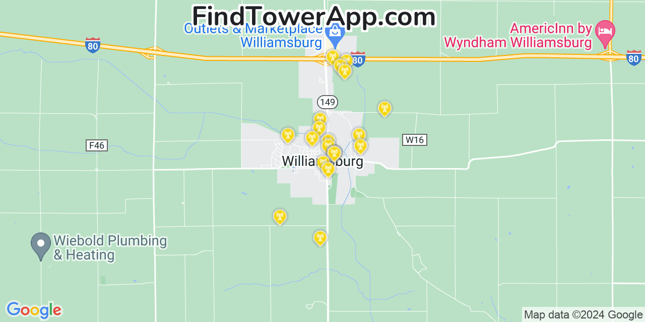 AT&T 4G/5G cell tower coverage map Williamsburg, Iowa
