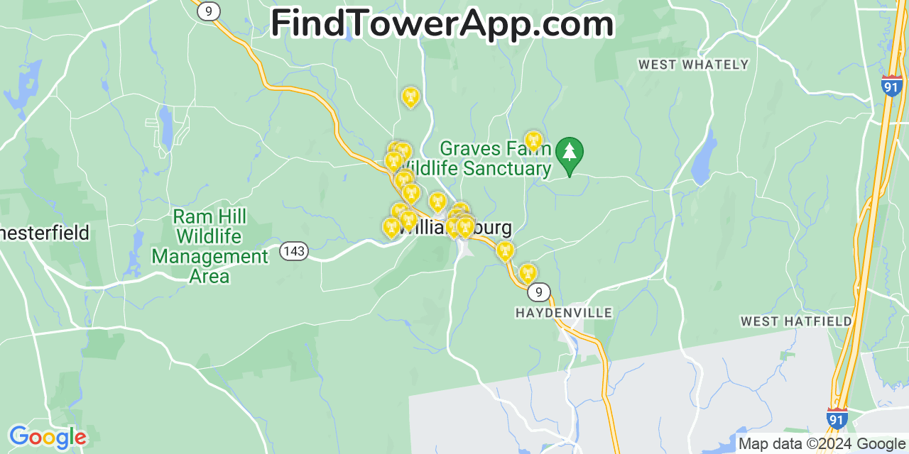 AT&T 4G/5G cell tower coverage map Williamsburg, Massachusetts