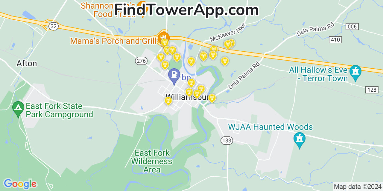 AT&T 4G/5G cell tower coverage map Williamsburg, Ohio