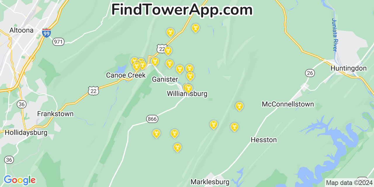 AT&T 4G/5G cell tower coverage map Williamsburg, Pennsylvania
