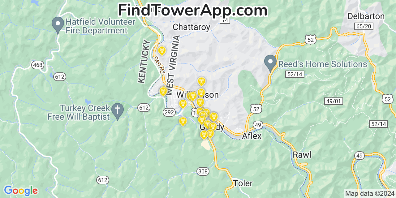 AT&T 4G/5G cell tower coverage map Williamson, West Virginia
