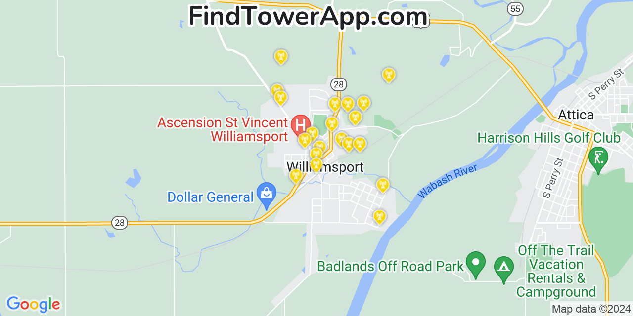 AT&T 4G/5G cell tower coverage map Williamsport, Indiana