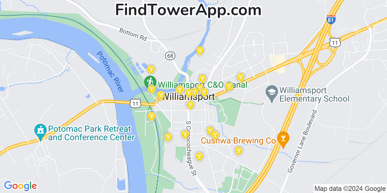 AT&T 4G/5G cell tower coverage map Williamsport, Maryland