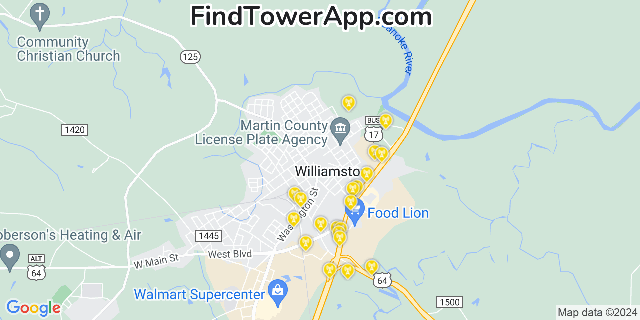 AT&T 4G/5G cell tower coverage map Williamston, North Carolina