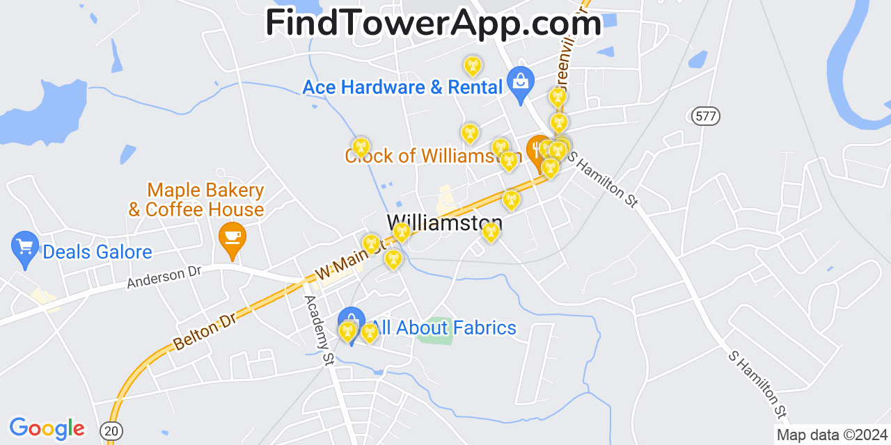 AT&T 4G/5G cell tower coverage map Williamston, South Carolina