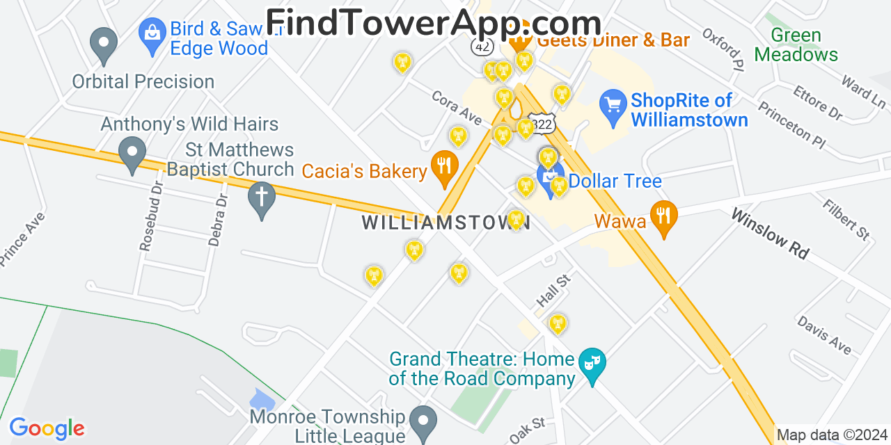 AT&T 4G/5G cell tower coverage map Williamstown, New Jersey