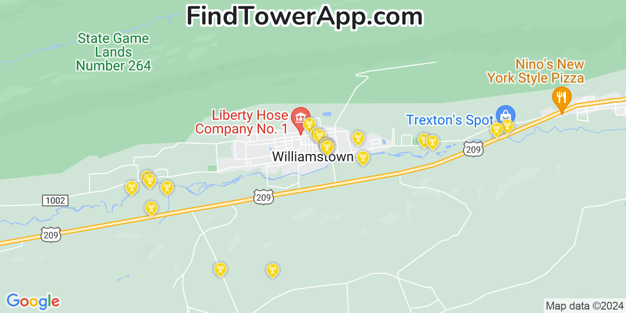 AT&T 4G/5G cell tower coverage map Williamstown, Pennsylvania