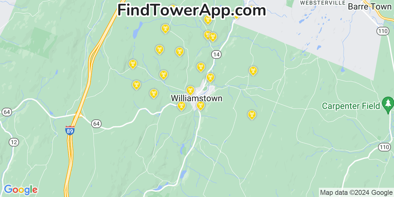 AT&T 4G/5G cell tower coverage map Williamstown, Vermont