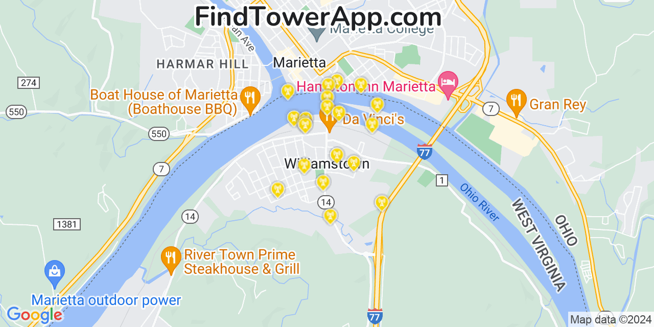 AT&T 4G/5G cell tower coverage map Williamstown, West Virginia