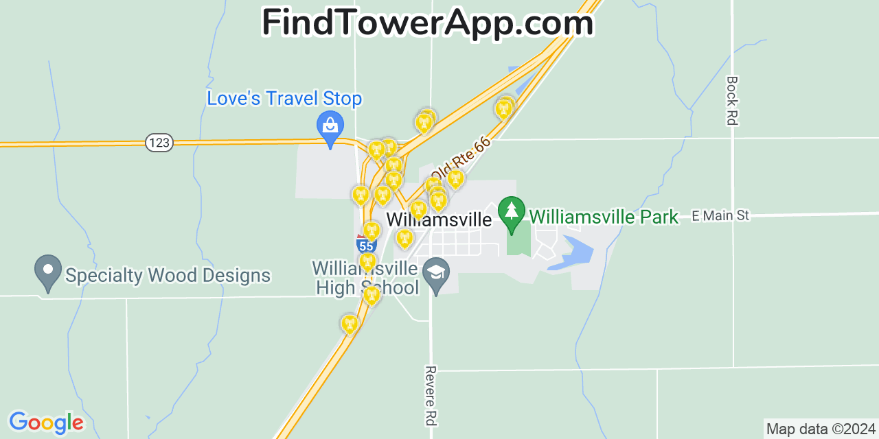 AT&T 4G/5G cell tower coverage map Williamsville, Illinois