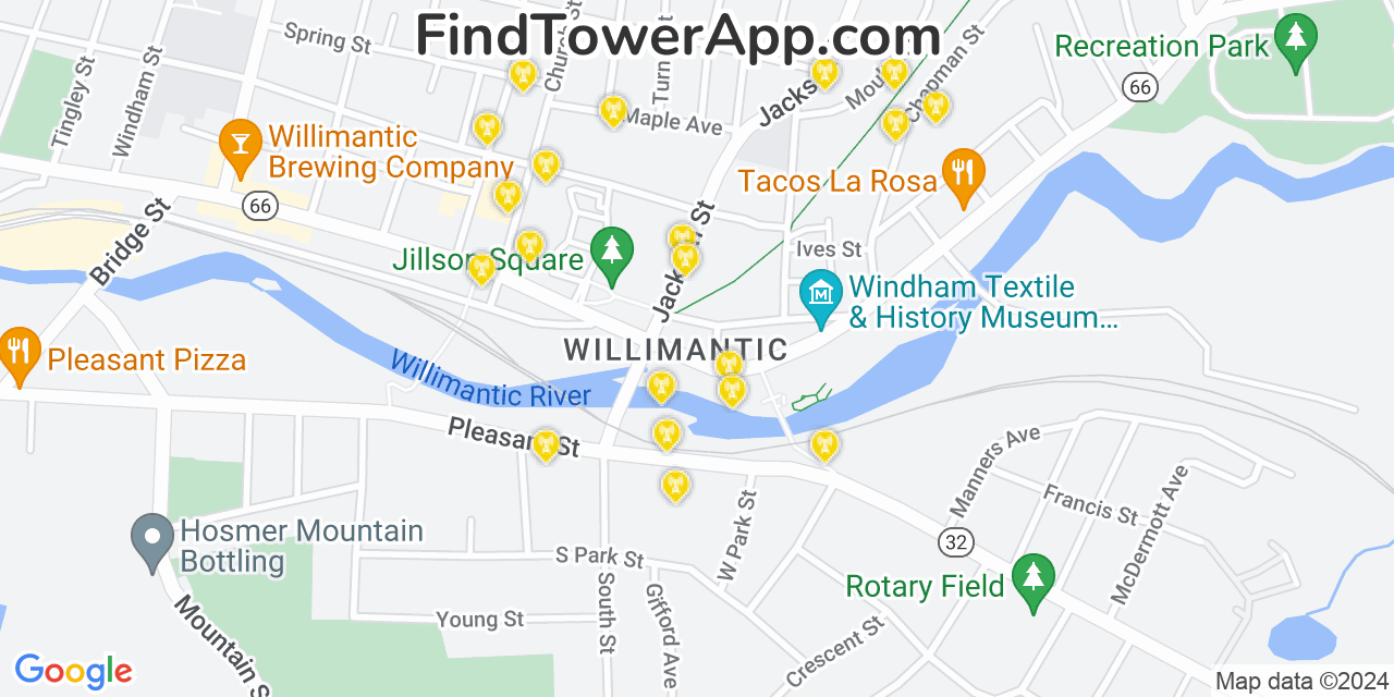 AT&T 4G/5G cell tower coverage map Willimantic, Connecticut