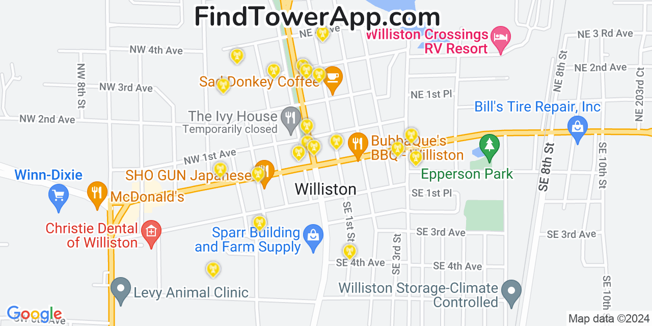 AT&T 4G/5G cell tower coverage map Williston, Florida