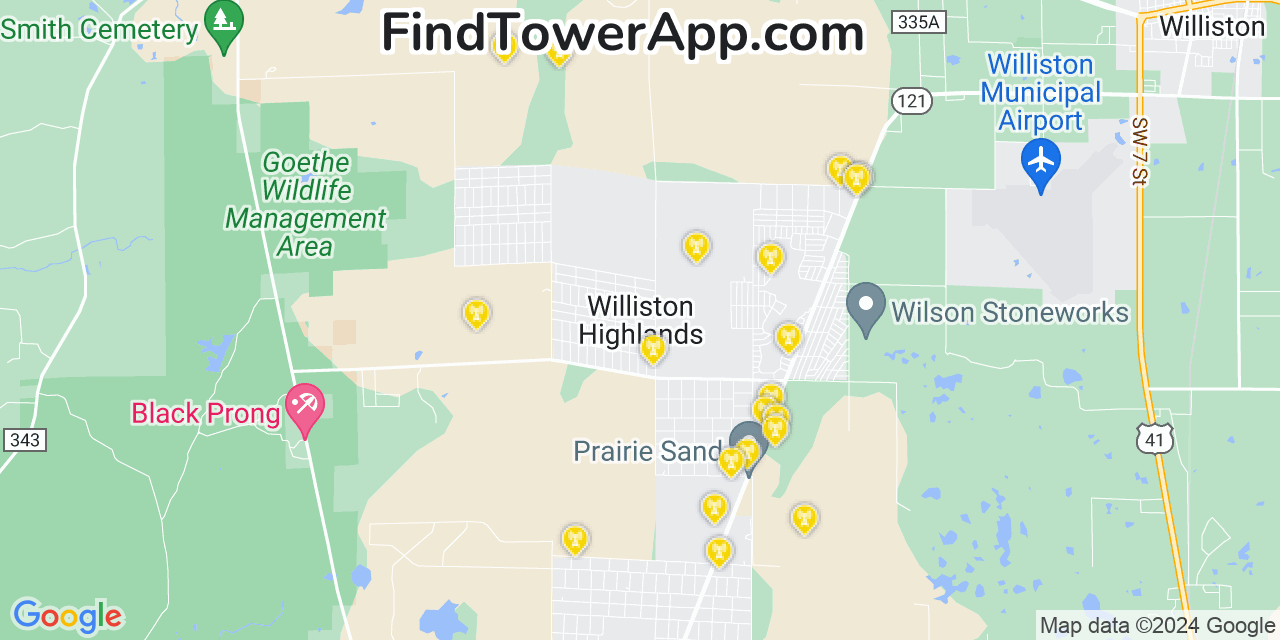 Verizon 4G/5G cell tower coverage map Williston Highlands, Florida
