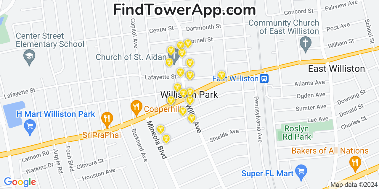 AT&T 4G/5G cell tower coverage map Williston Park, New York