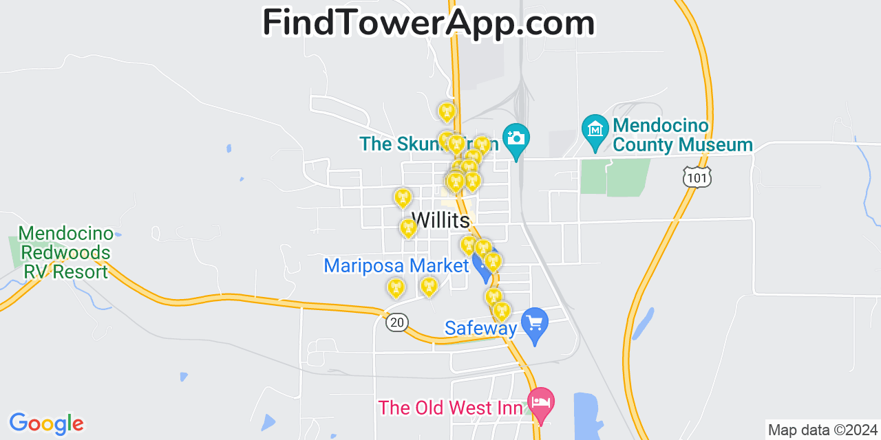 AT&T 4G/5G cell tower coverage map Willits, California
