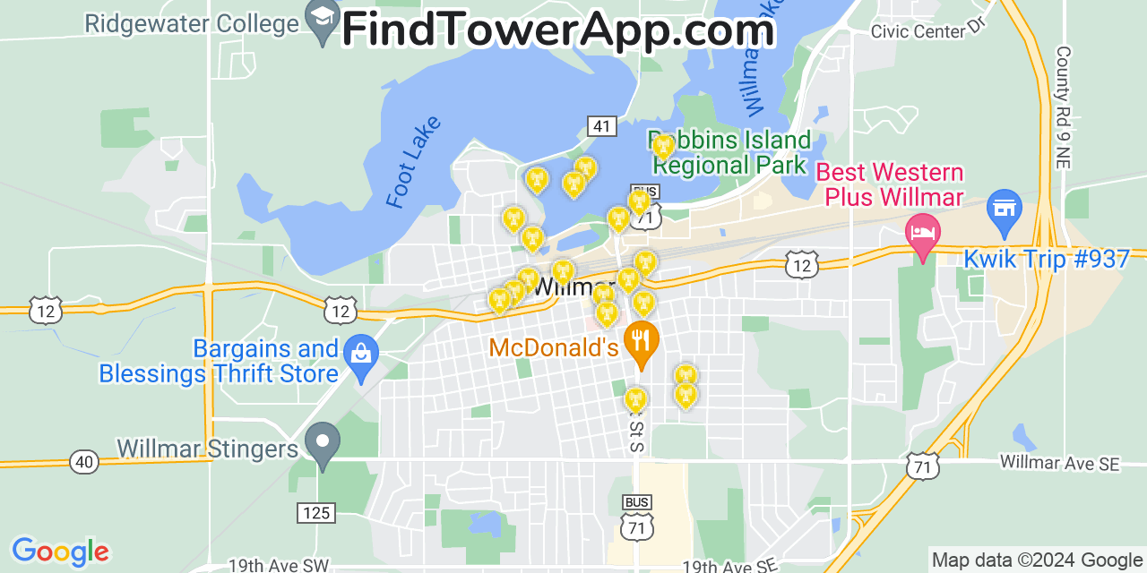 AT&T 4G/5G cell tower coverage map Willmar, Minnesota