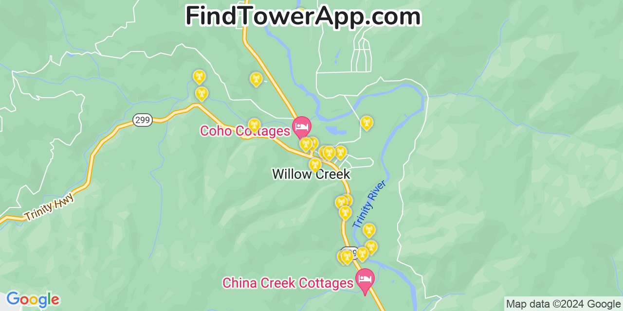 AT&T 4G/5G cell tower coverage map Willow Creek, California