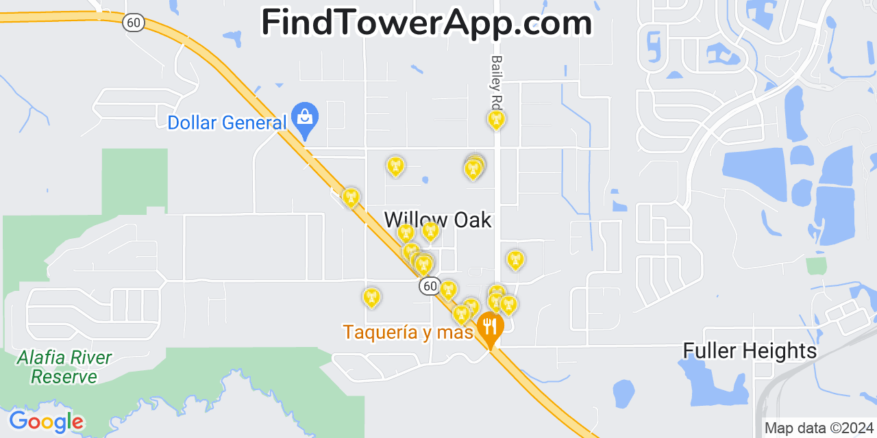 AT&T 4G/5G cell tower coverage map Willow Oak, Florida