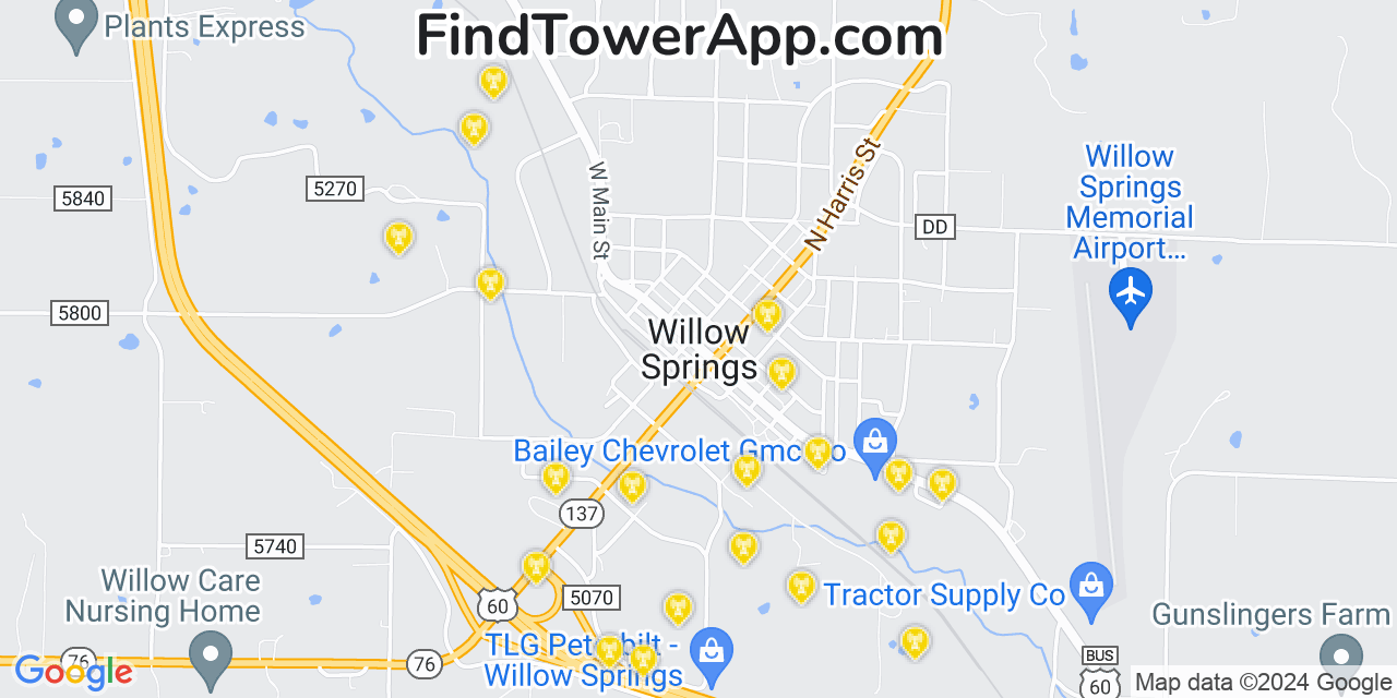 AT&T 4G/5G cell tower coverage map Willow Springs, Missouri