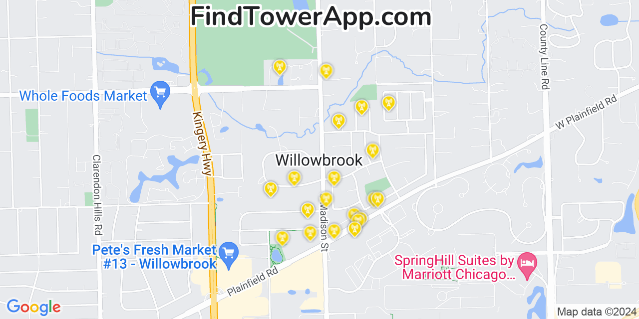 AT&T 4G/5G cell tower coverage map Willowbrook, Illinois