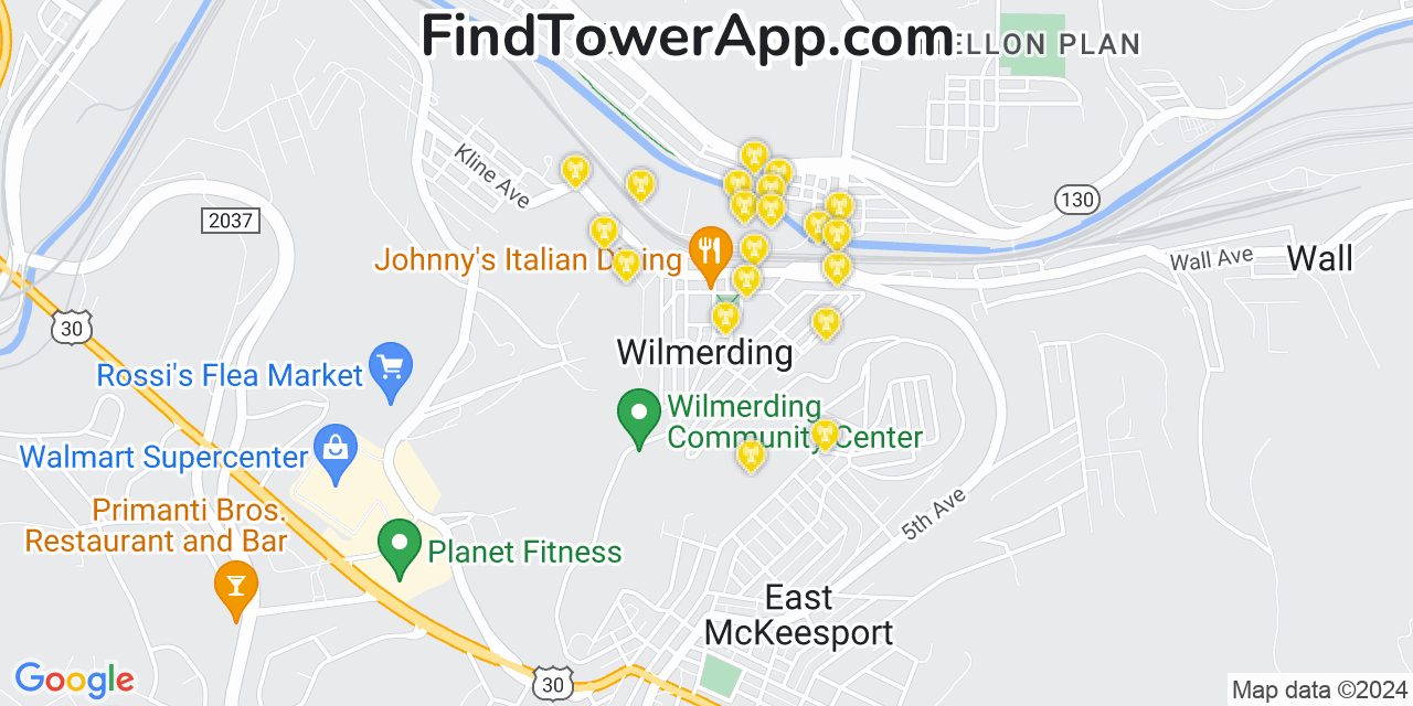 AT&T 4G/5G cell tower coverage map Wilmerding, Pennsylvania