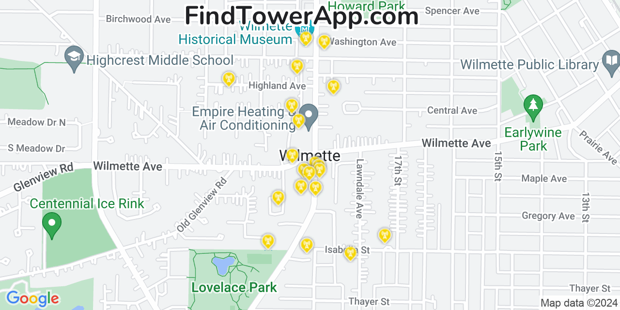 AT&T 4G/5G cell tower coverage map Wilmette, Illinois