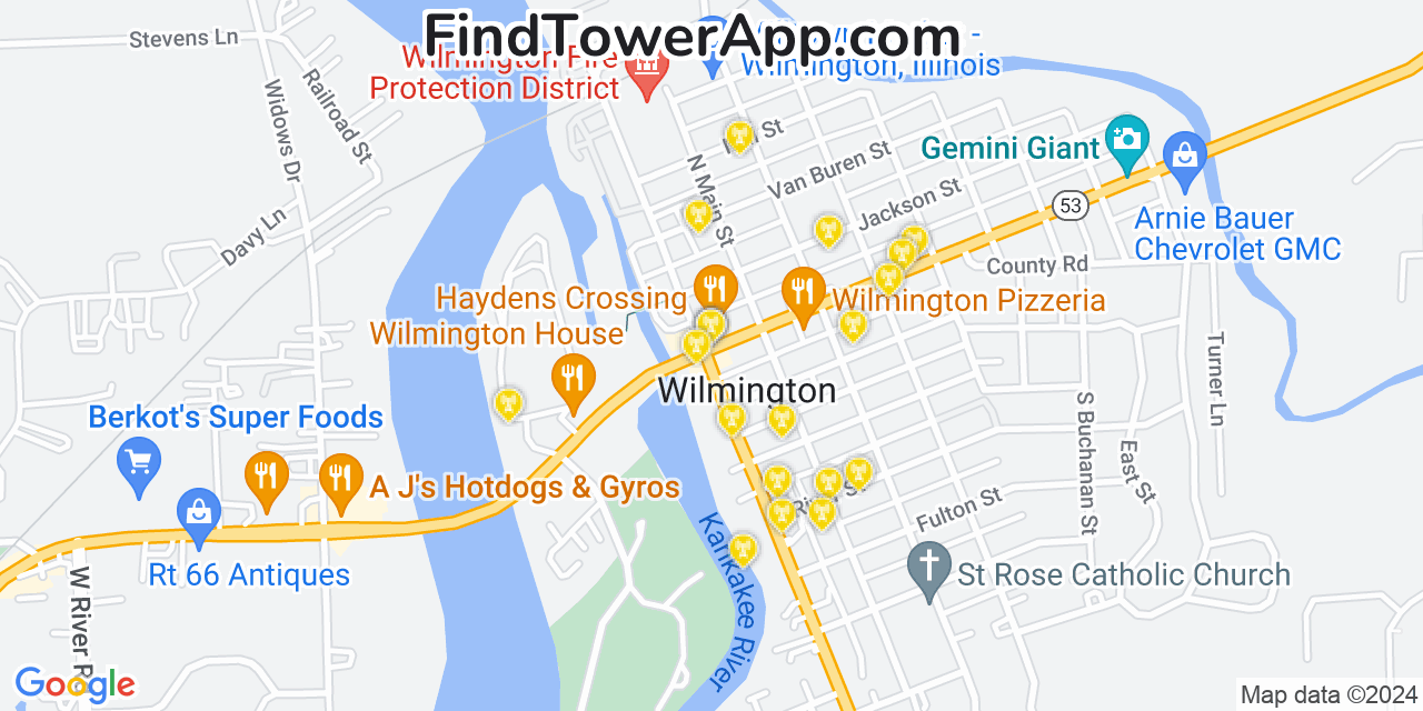 AT&T 4G/5G cell tower coverage map Wilmington, Illinois