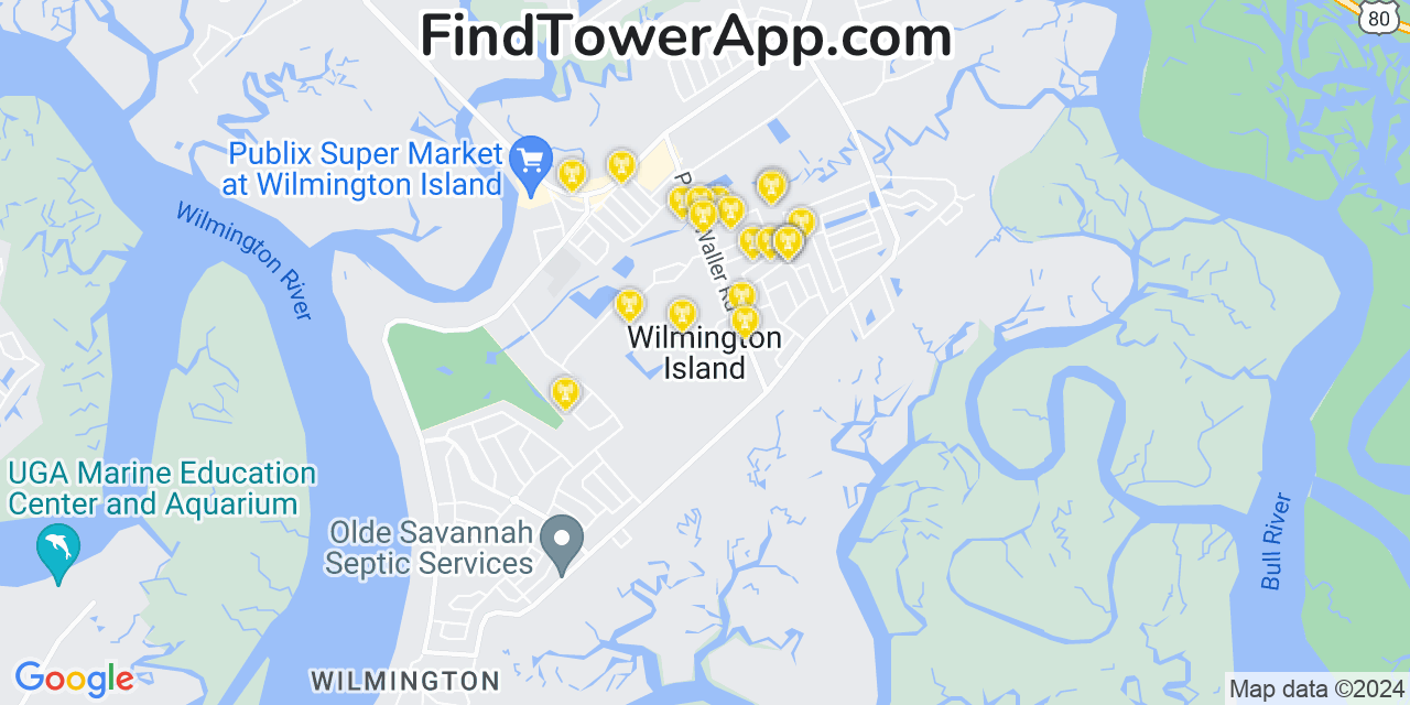 Verizon 4G/5G cell tower coverage map Wilmington Island, Georgia