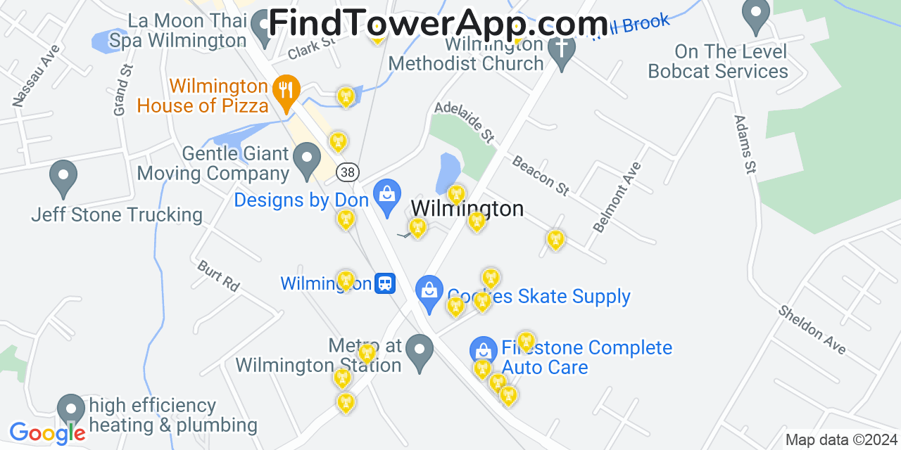AT&T 4G/5G cell tower coverage map Wilmington, Massachusetts