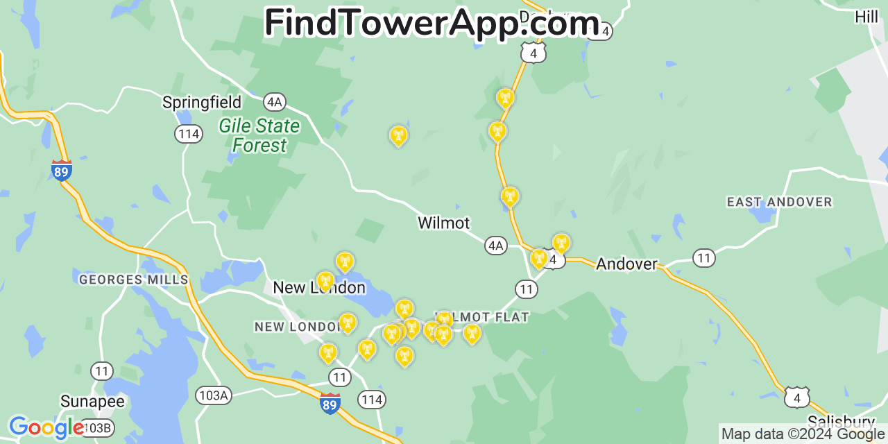 AT&T 4G/5G cell tower coverage map Wilmot, New Hampshire