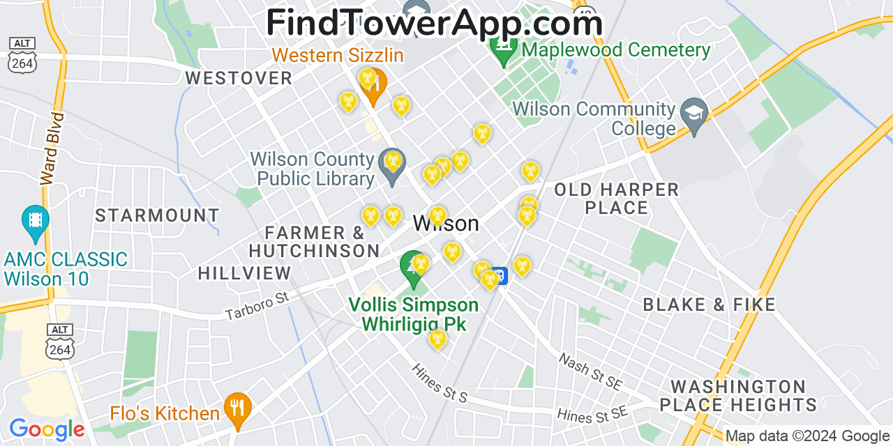 AT&T 4G/5G cell tower coverage map Wilson, North Carolina