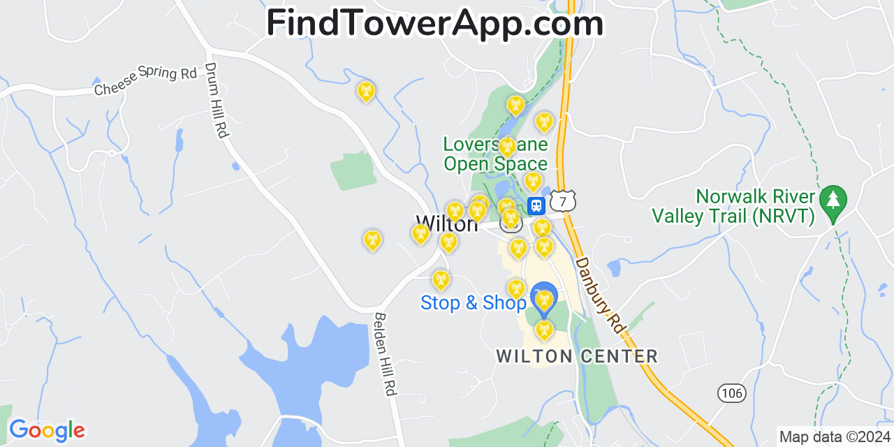 AT&T 4G/5G cell tower coverage map Wilton, Connecticut