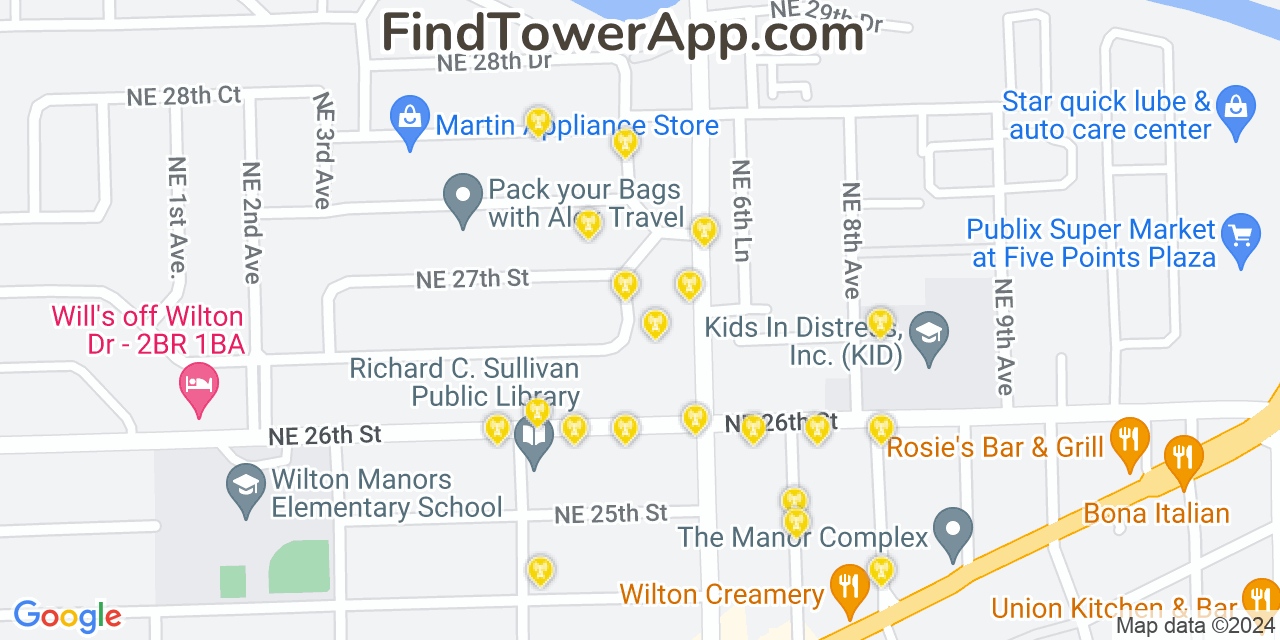 AT&T 4G/5G cell tower coverage map Wilton Manors, Florida