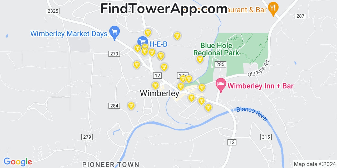 AT&T 4G/5G cell tower coverage map Wimberley, Texas